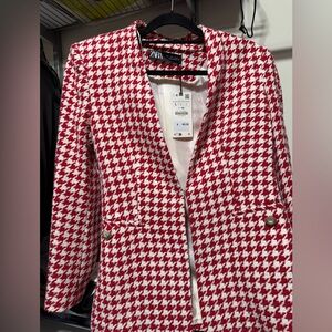 Zara Red and White Houndstooth Blazer